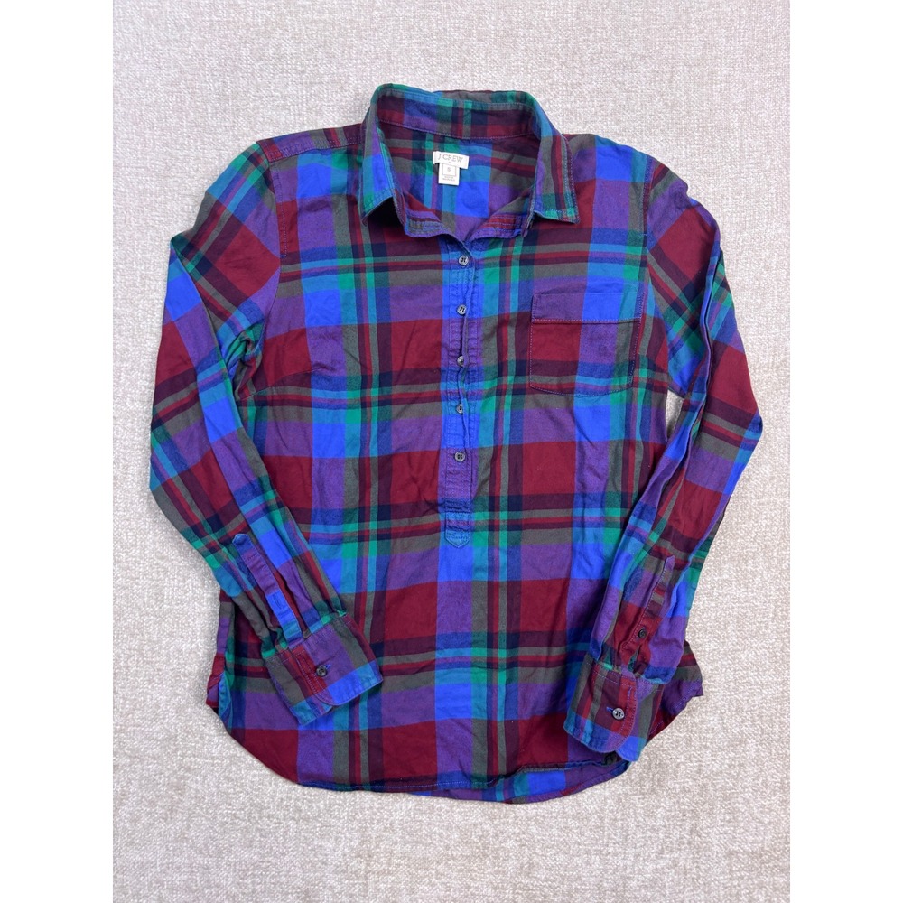 J.Crew Womens Cotton Plaid Flannel Popover Shirt Purple Blue Green Size S 53932
